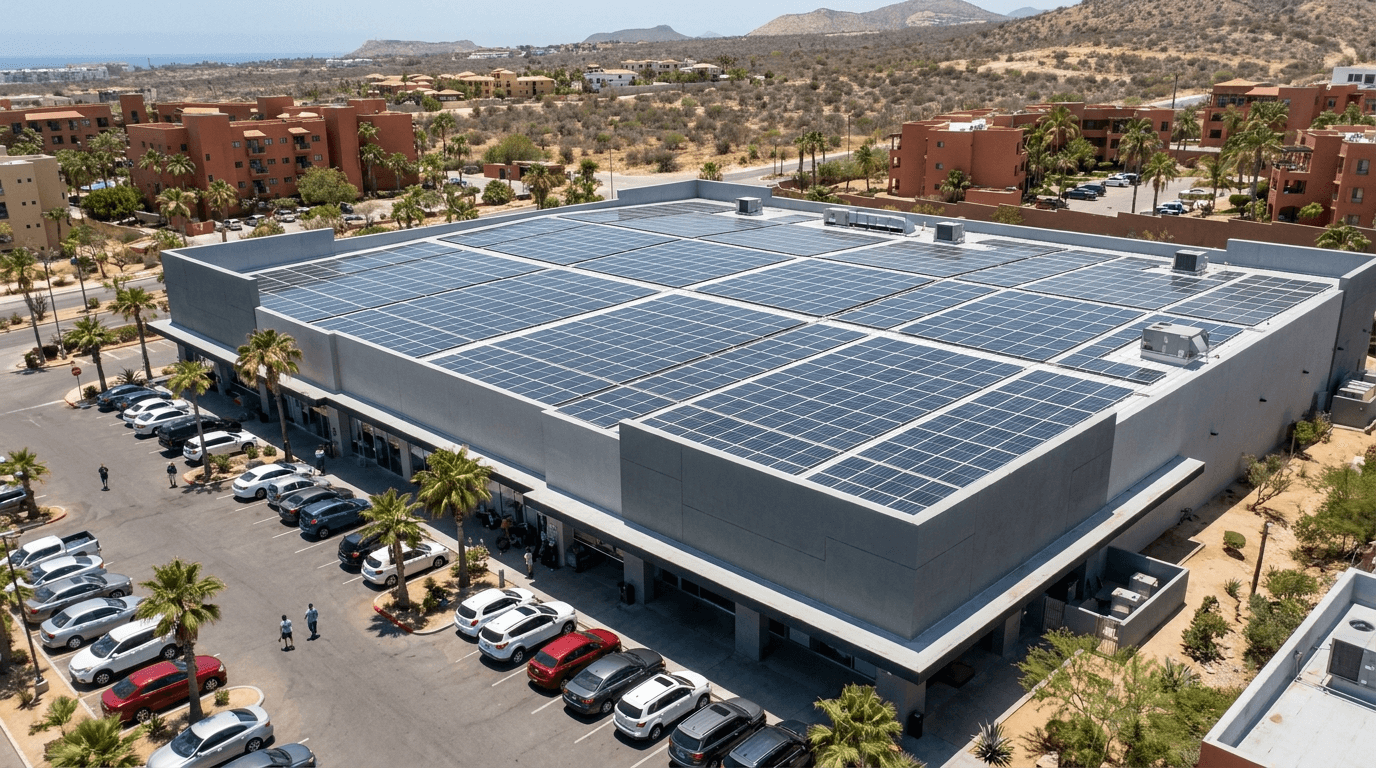 Paneles solares en la azotea de un comercio
