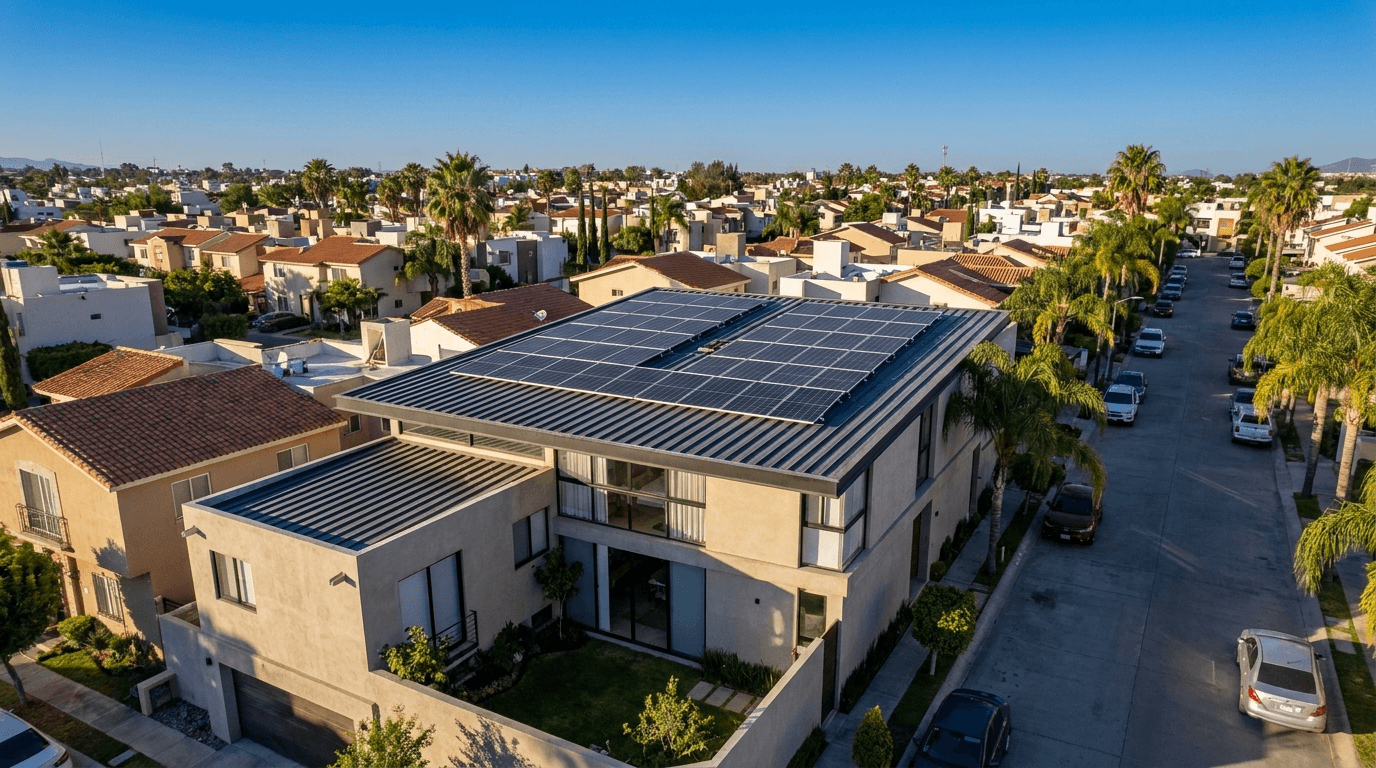 Casa residencial con paneles solares en la azotea